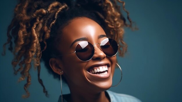 Joven negra con gafas de sol sobre fondo azul.