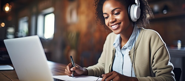 Joven negra que usa una computadora portátil y una computadora portátil mientras asiste a un seminario web y sostiene un bolígrafo