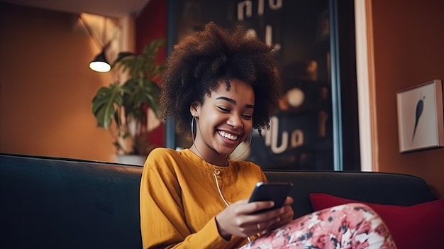 Una joven negra sonríe mientras usa su teléfono sus ojos enfocados en la pantalla