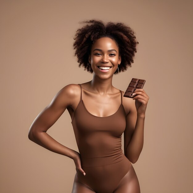 Una joven negra sonriente con chocolate