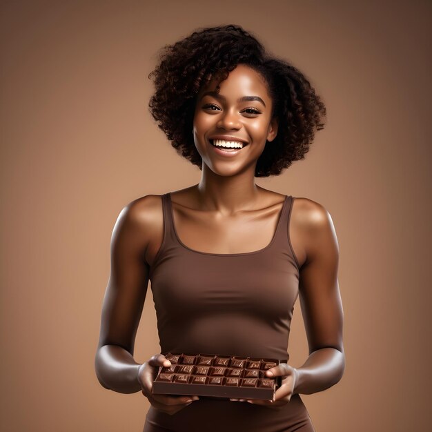 Una joven negra sonriente con chocolate