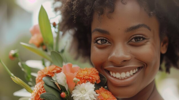 Una joven negra sonriente con un ramo de flores en la mano