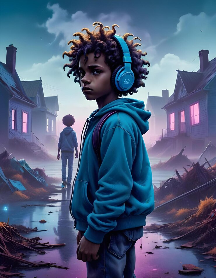 Un joven negro con el cabello rizado usando auriculares