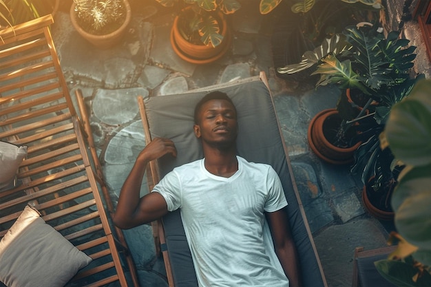 Joven negro durmiendo en el jardín entre las plantas verdes