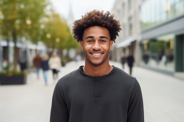 un joven negro europeo de África sonríe a la cámara en la ciudad