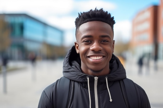 un joven negro europeo de África sonríe a la cámara en la ciudad