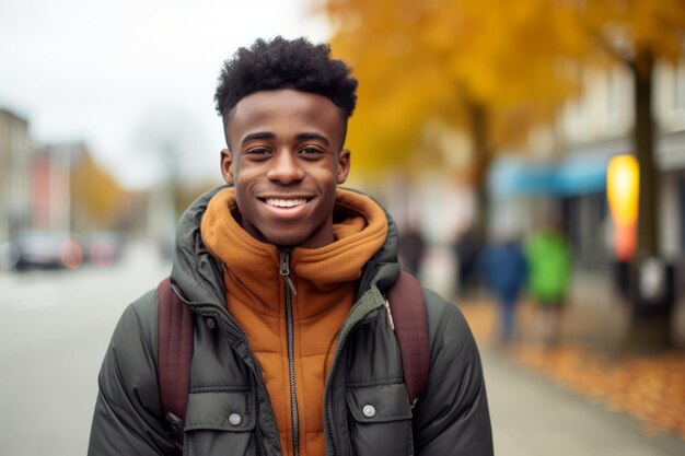 un joven negro europeo de África sonríe a la cámara en la ciudad