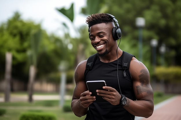 Joven negro feliz y en forma sentado en el parque de entrenamiento