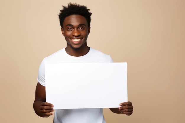 Joven negro feliz sosteniendo una pancarta blanca en blanco señal de retrato de estudio aislado