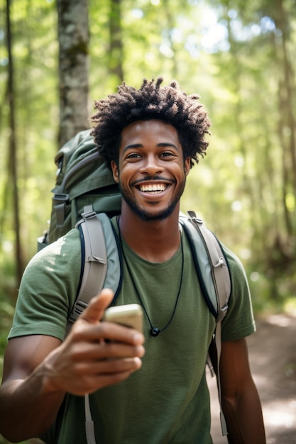 Un joven negro feliz tomando una selfie móvil en medio del pintoresco paisaje forestal