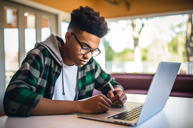 Joven negro con gafas aprendiendo a distancia en una computadora portátil tomando notas en un cuaderno estudiando en línea