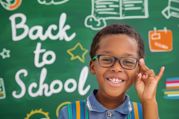 Un joven negro con gafas sonríe ante una pizarra de "De vuelta a la escuela"