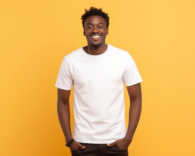 Joven negro con maqueta de camiseta blanca de lona bella sobre fondo amarillo Maqueta de impresión de camiseta