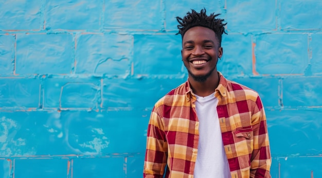 Un joven negro positivo con dreadlocks está sonriendo y de pie frente a la pared del edificio