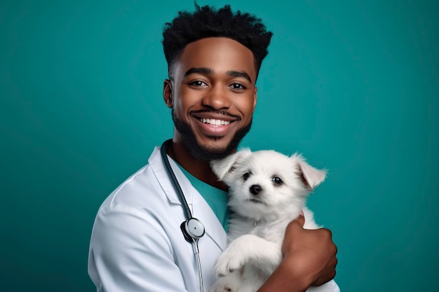 un joven negro sonriente con su perro