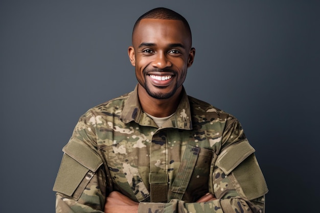 Un joven negro en uniforme militar está sonriendo y posando para una foto