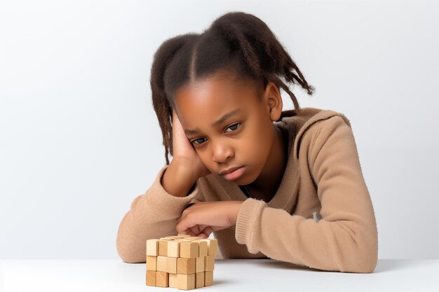 Joven niña afroamericana con rompecabezas de madera concepto de salud mental infantil trastorno del espectro del autismo concienciación concepto educación en fondo blanco espacio de copia