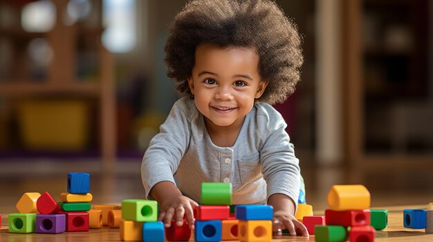 Un joven niño afroamericano jugando con coloridos juguetes de bloques de madera