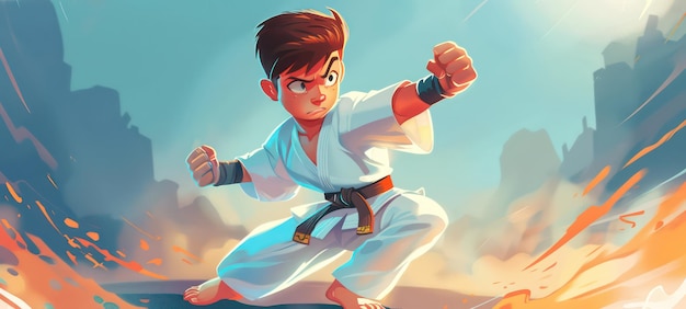 Joven niño de karate gráficos Ilustración para un niño sonriente niño alegre