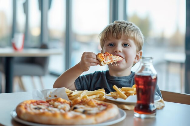 Foto joven niño sonriente disfrutando de una pizza de rebanada de queso en una pizzería con un plato de papas fritas alegría de comer