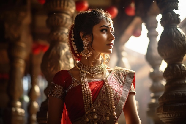 Una joven novia india con un saree tradicional rojo