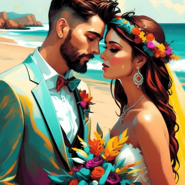 La joven novia y el novio con una boda en la playa