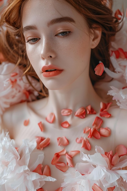 Foto una joven novia con un vestido de novia decorado con delicados pétalos de flores