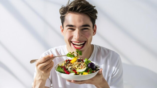 Foto un joven nutricionista masculino comiendo una ensalada saludable y sonriendo sobre un fondo blanco