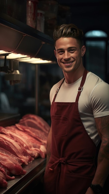 Foto un joven o una joven que trabaja en el mostrador de carne generativo ai