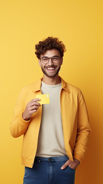 Joven occidental mostrando feliz su tarjeta de crédito