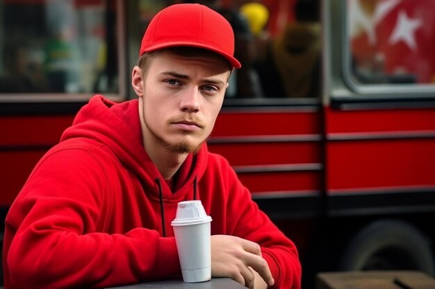 Joven ocupado comprando comida rápida en camión de la calle roja