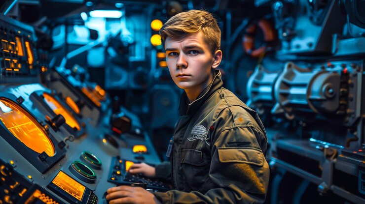 Un joven oficial militar en una sala de control IA generativa