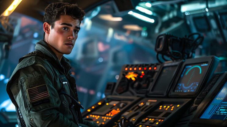 Un joven oficial militar en una sala de control IA generativa
