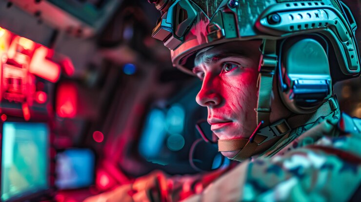 Un joven oficial militar en una sala de control IA generativa