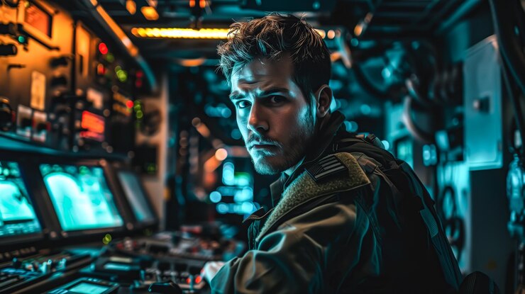 Un joven oficial militar en una sala de control IA generativa