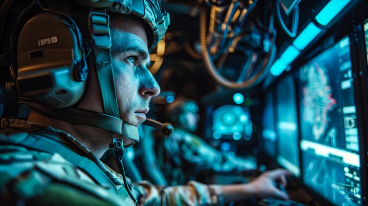 Un joven oficial militar en una sala de control IA generativa