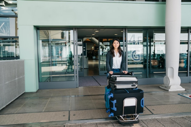 la joven oficinista llega al aeropuerto de kansai y se va tomando el autobús. mujer pasajera tirando caminando con carrito de equipaje fuera del pasillo. mujer de negocios en el extranjero con una sonrisa de confianza en la cara.