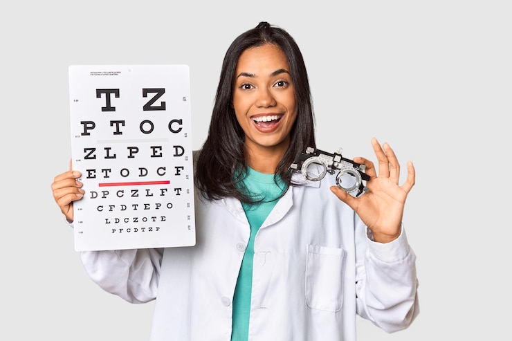 Foto joven oftalmólogo filipino con gafas de optometría y prueba