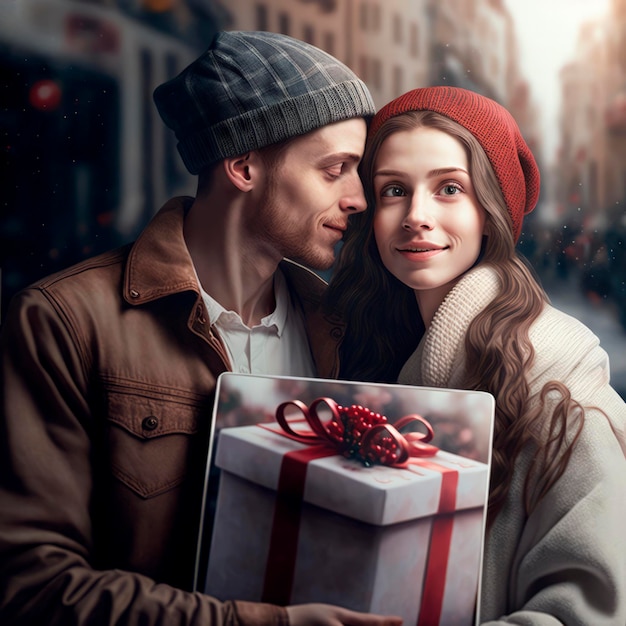 Un joven con los ojos cerrados junto a su novia sosteniendo una pintura de una caja de regalo IA generativa