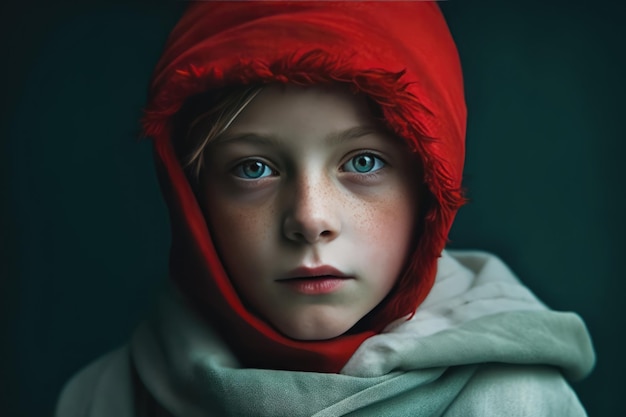 Una joven de ojos grandes con una sudadera con capucha roja y una bufanda.