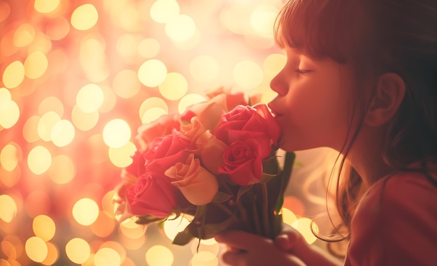 Foto una joven oliendo un hermoso ramo de rosas con un fondo cálido de bokeh