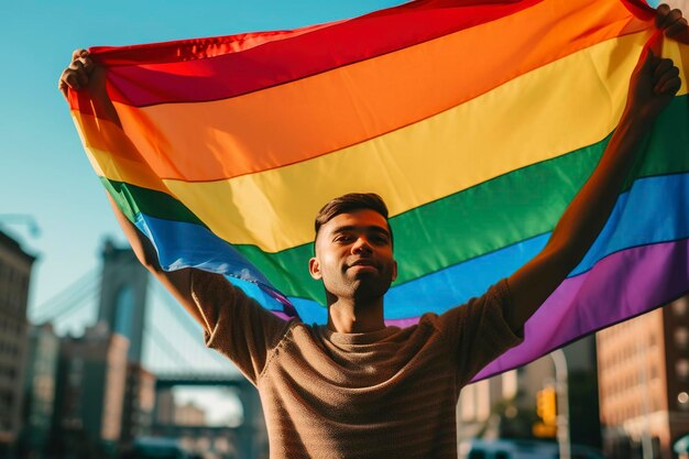 Joven ondea la bandera gay del arco iris generada por Ai