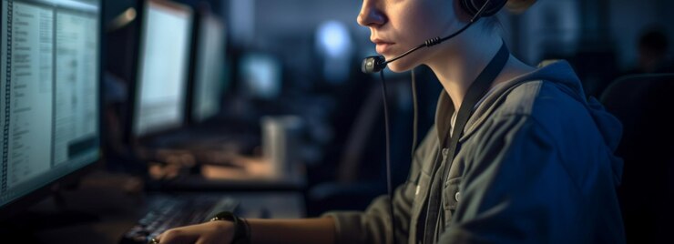 Joven operadora de atención al cliente que trabaja en el centro de llamadas officegenerative ai