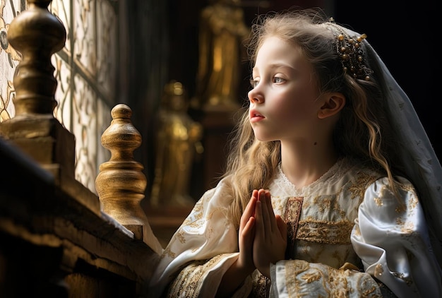 una joven orando en una antigua iglesia europea