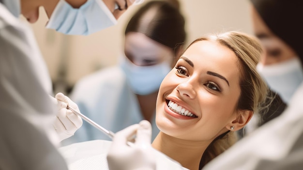 Una joven paciente sonríe durante una cita con el dentista Creado con tecnología de IA generativa