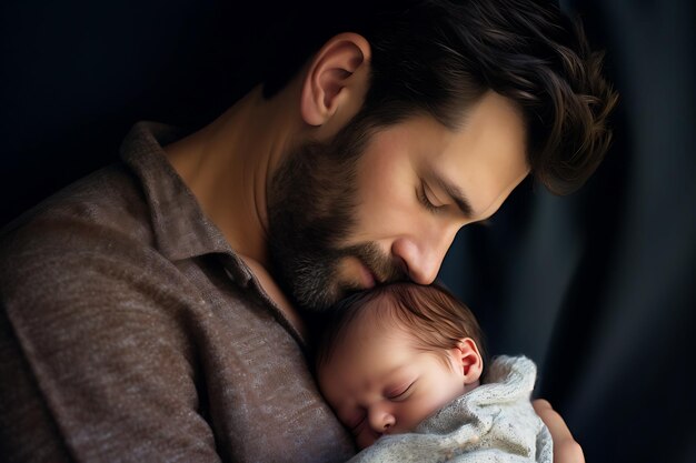 Un joven padre abraza y toca la cabeza de un bebé recién nacido con los labios Foto horizontal