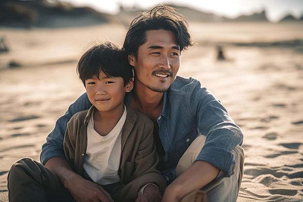 Un joven padre asiático arrodillado abrazando a un niño en la playa Ilustración generativa de IA