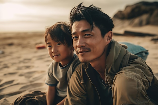 Un joven padre asiático arrodillado abrazando a un niño en la playa Ilustración generativa de IA