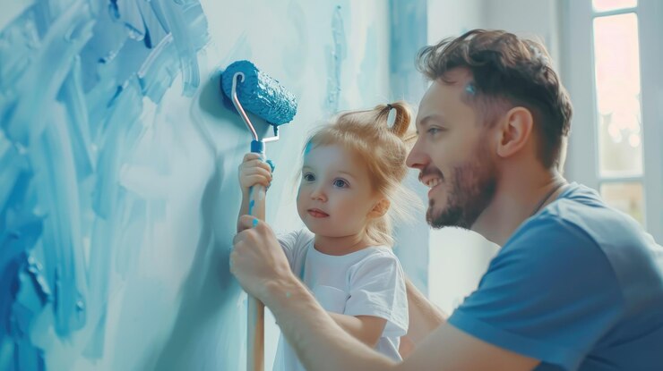 El joven padre está mostrando cómo pintar las paredes a la linda hija pequeña Se dan mucho Se dan el uno al otro Los rodillos están cubiertos de pintura azul claro Renovaciones de habitaciones en casa