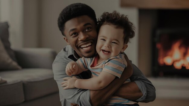 Joven padre feliz abrazando a su adorable y amado hijo